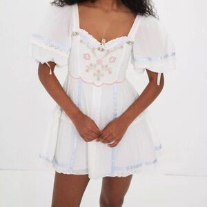 For Love and Lemons White Floral Embroidered Puff-Sleeve Mini Dress